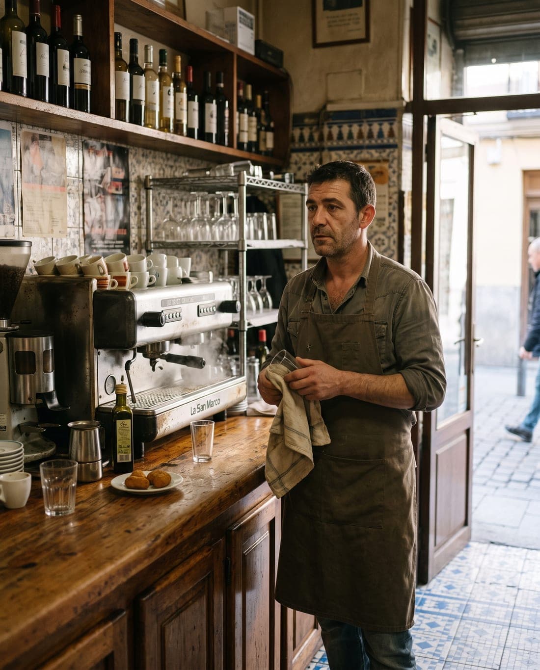 El dueño de un bar de barrio tras la barra durante una mañana tranquila